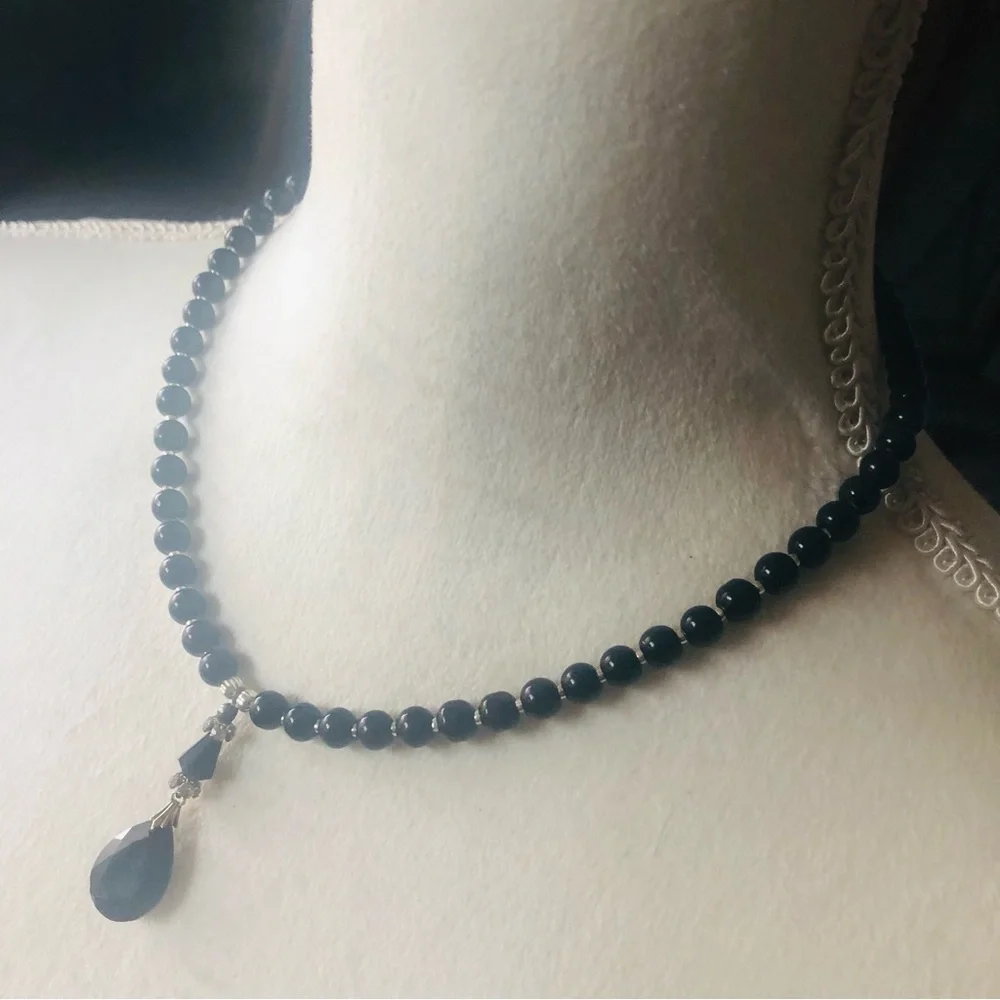 Handcrafted repurpose faceted black crystal pendant Czech glass Pearl necklace
